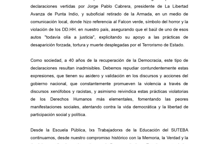 SUTEBA repudia los dichos de Jorge Pablo Cabrera por reivindicar el terrorismo de Estado
