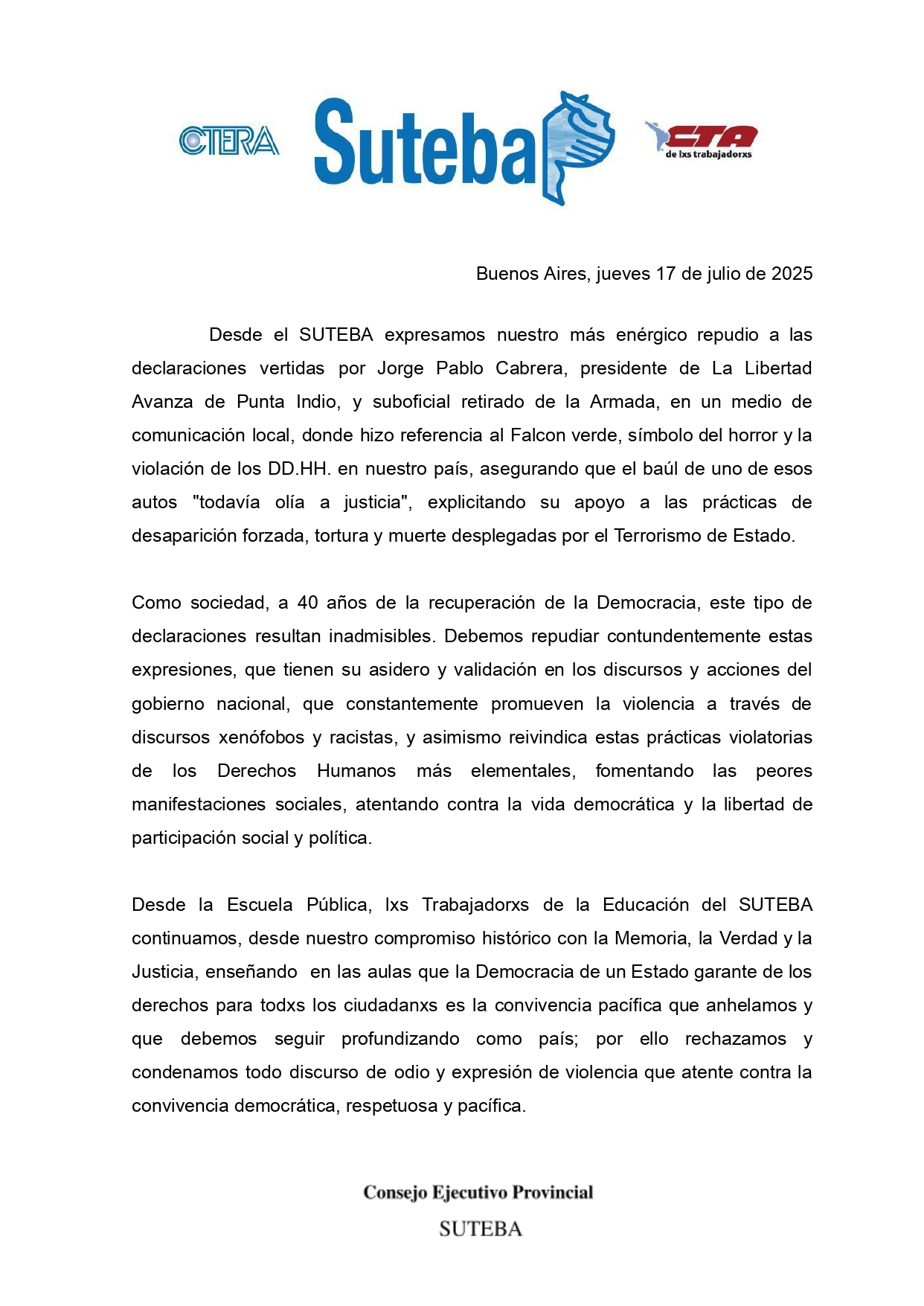 SUTEBA repudia los dichos de Jorge Pablo Cabrera por reivindicar el terrorismo de Estado