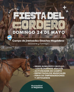 Corderos al asador durante la Fiesta del Cordero en Magdalena con música folklórica y tradición gaucha en la provincia de Buenos Aires.